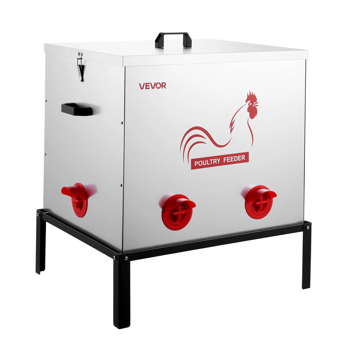 VEVOR automātiskā vistu barotava, 38,56 kg ietilpība, 6 barošanas atveres bez barības zudumiem, ar iebūvētu sadalītāju, aizbīdni un rokturi, metāla konstrukcija vistām, pundurvistām un fazāniem