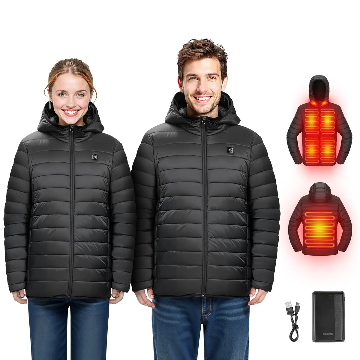 L_VEVOR vīriešu apsildāmā softshell jaka ar 7,4 V akumulatoru, viegls vēja necaurlaidīgs mētelis ar 6 apsildes zonām un 3 siltuma iestatījumiem pārgājieniem un āra darbiem, melna