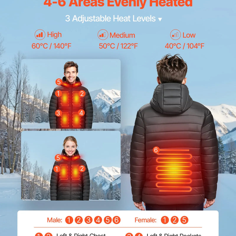 M_VEVOR apsildāmā jaka vīriešiem ar 7,4 V akumulatoru, softshell elektriski apsildāma virsjaka, vējaizturīga viegla virsjaka ar 6 apsildes zonām un 3 siltuma iestatījumiem, piemērota pārgājieniem un āra darbiem, melna
