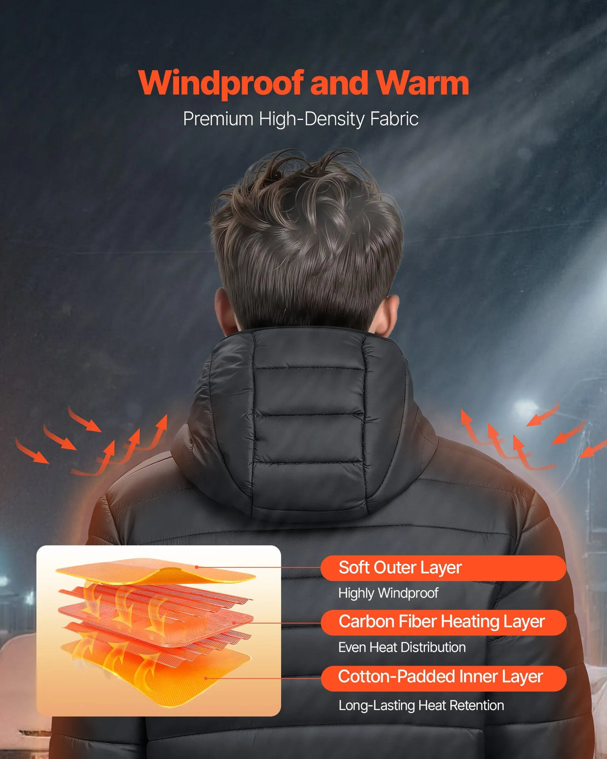 XL_VEVOR vīriešu apsildāmā jaka ar 7.4 V akumulatoru, viegls vēja necaurlaidīgs softshell mētelis ar 6 apsildes zonām un 3 siltuma režīmiem, melna