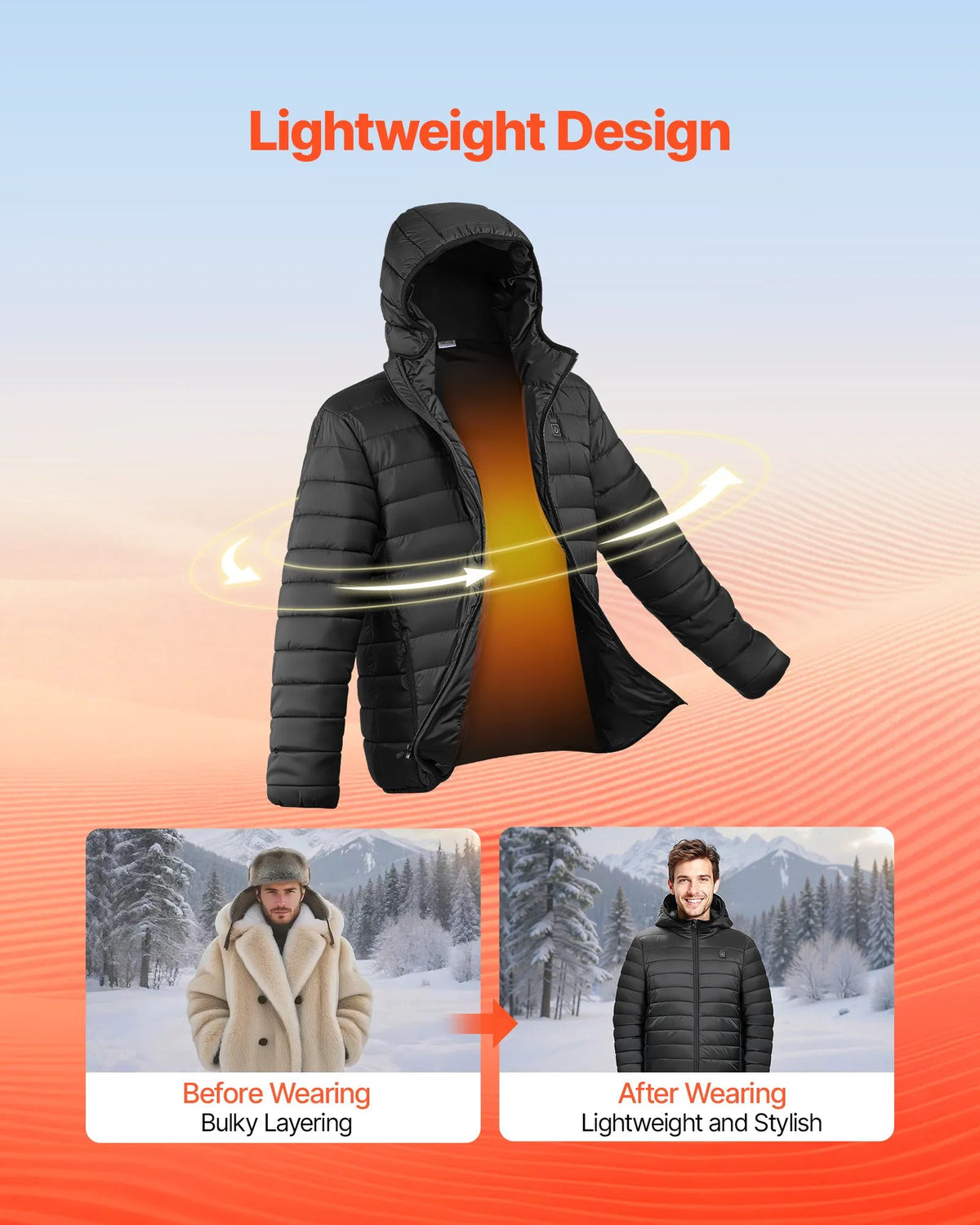XL_VEVOR vīriešu apsildāmā jaka ar 7.4 V akumulatoru, viegls vēja necaurlaidīgs softshell mētelis ar 6 apsildes zonām un 3 siltuma režīmiem, melna