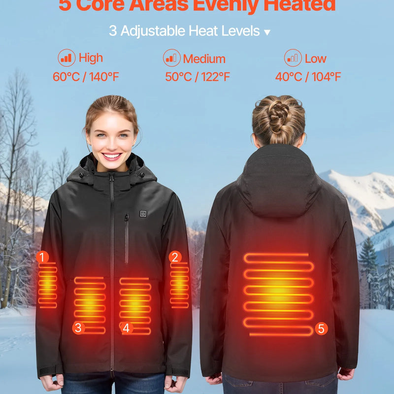 L_VEVOR apsildāmā jaka sievietēm ar 7,4 V akumulatoru, softshell elektriski apsildāma virsjaka, vējaizturīga un ūdensizturīga viegla virsjaka ar 5 apsildes zonām un 3 siltuma iestatījumiem, mazgājama veļasmašīnā