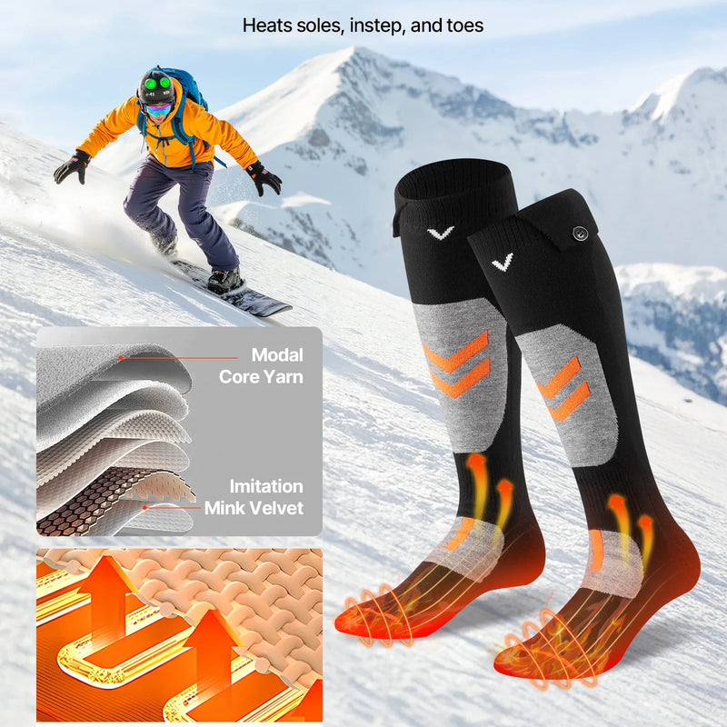 M_VEVOR apsildāmās zeķes ar 5000 mAh akumulatoru, uzlādējamas, ar 4 apsildes līmeņiem un lietotnes vadību; piemērotas sievietēm un vīriešiem medībām, izjādēm, kempingam un pārgājieniem