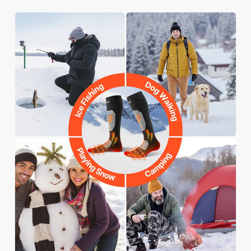 M_VEVOR apsildāmās zeķes ar 5000 mAh akumulatoru, uzlādējamas, ar 4 apsildes līmeņiem un lietotnes vadību; piemērotas sievietēm un vīriešiem medībām, izjādēm, kempingam un pārgājieniem