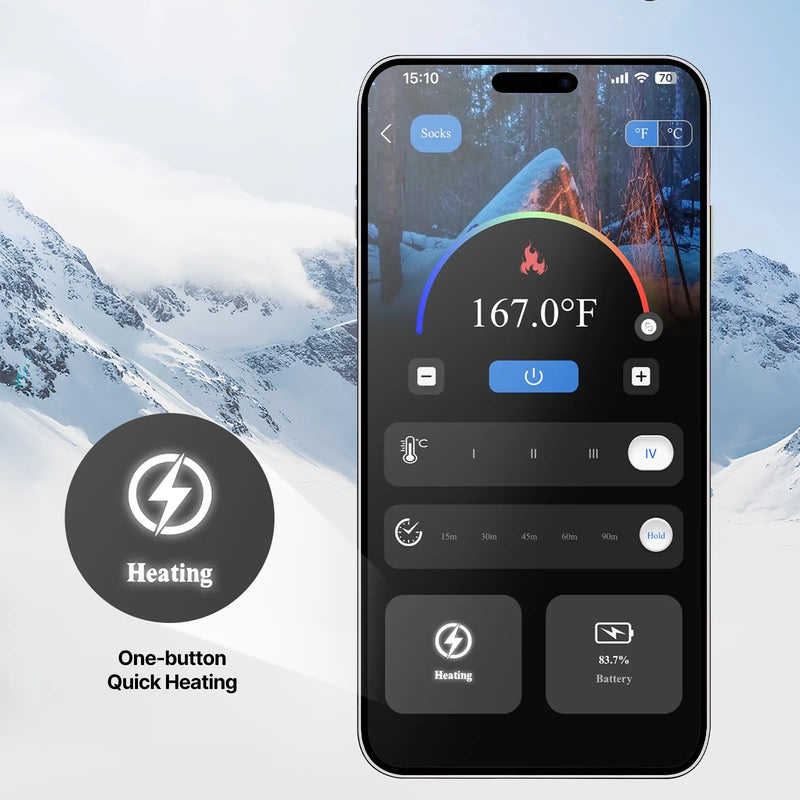 S_VEVOR apsildāmās zeķes ar 5000 mAh akumulatoru, uzlādējamas, ar 4 apsildes līmeņiem un lietotnes vadību; piemērotas sievietēm un vīriešiem medībām, izjādēm, kempingam un pārgājieniem