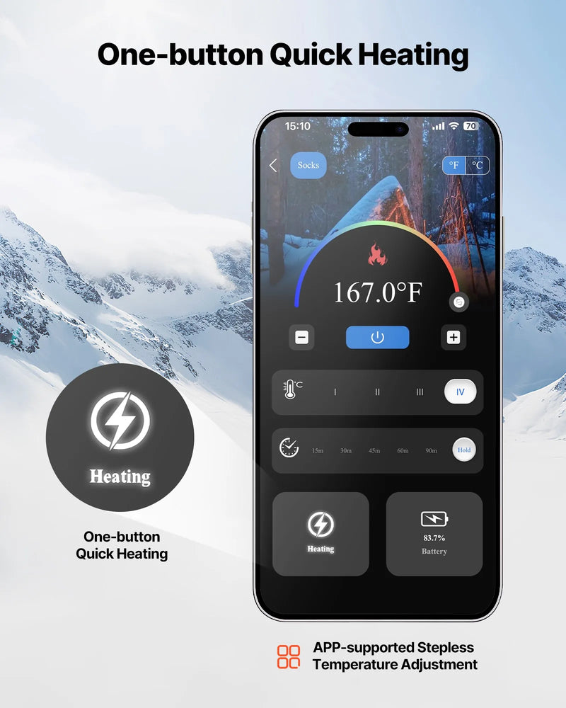 XL_VEVOR apsildāmās zeķes, XL izmērs, ar 5000 mAh uzlādējamu akumulatoru, 4 apsildes līmeņiem un lietotnes vadību; piemērotas sievietēm un vīriešiem medībām, izjādēm, kempingam un pārgājieniem