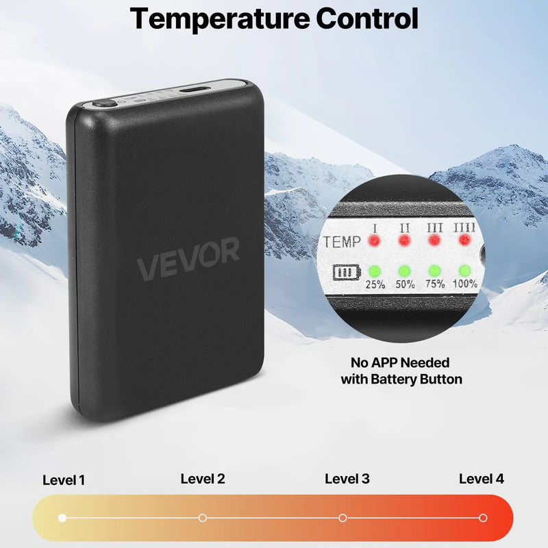 XL_VEVOR apsildāmās zeķes, XL izmērs, ar 5000 mAh uzlādējamu akumulatoru, 4 apsildes līmeņiem un lietotnes vadību; piemērotas sievietēm un vīriešiem medībām, izjādēm, kempingam un pārgājieniem