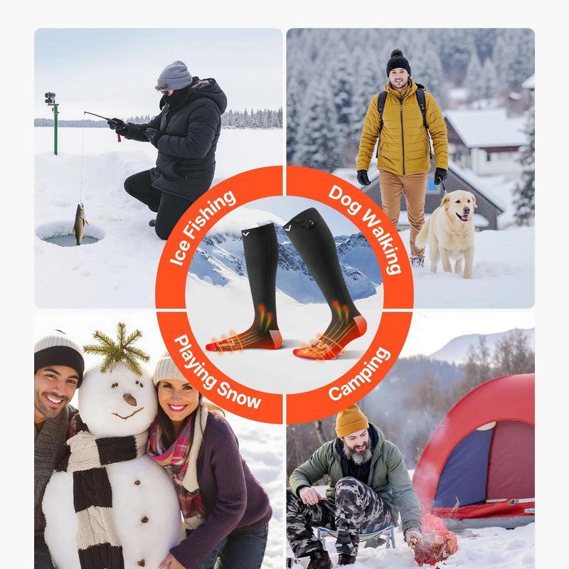 Viena izmēra_VEVOR apsildāmās zeķes ar 5000 mAh akumulatoru, uzlādējamas, ar 4 apsildes līmeņiem un lietotnes vadību; piemērotas sievietēm un vīriešiem medībām, izjādēm, kempingam un pārgājieniem