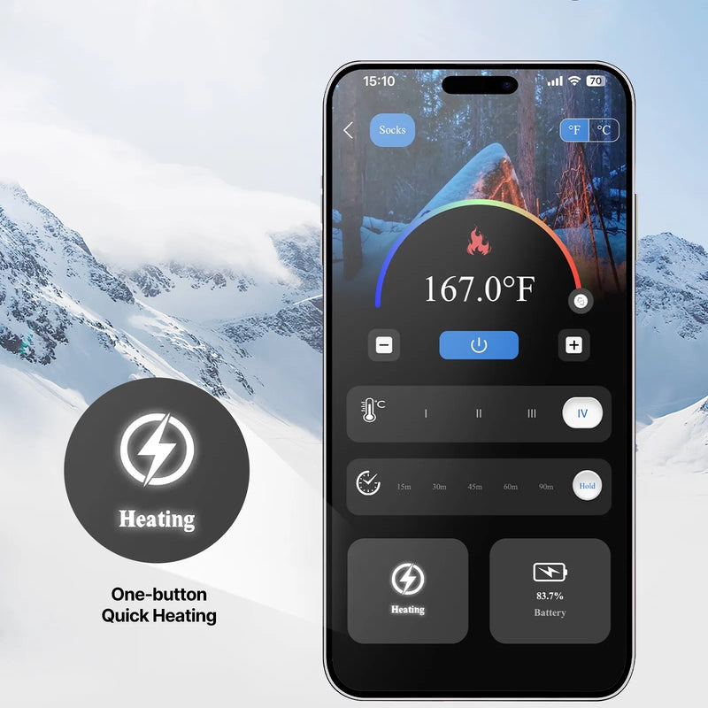 Viena izmēra_VEVOR apsildāmās zeķes ar 5000 mAh akumulatoru, uzlādējamas, ar 4 apsildes līmeņiem un lietotnes vadību; piemērotas sievietēm un vīriešiem medībām, izjādēm, kempingam un pārgājieniem