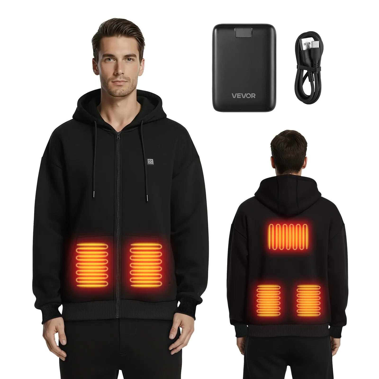 S_VEVOR apsildāms jakas tipa sporta džemperis ar kapuci vīriešiem un sievietēm, unisex pilna garuma rāvējslēdzējs, 7,4 V 16 000 mAh barošanas bloks, 5 apsildes zonas, 3 temperatūras līmeņi, 4–8 h siltums, ziemas āra aktivitātēm, melns