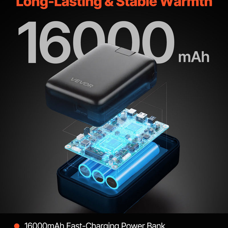 S_VEVOR apsildāms jakas tipa sporta džemperis ar kapuci vīriešiem un sievietēm, unisex pilna garuma rāvējslēdzējs, 7,4 V 16 000 mAh barošanas bloks, 5 apsildes zonas, 3 temperatūras līmeņi, 4–8 h siltums, ziemas āra aktivitātēm, melns