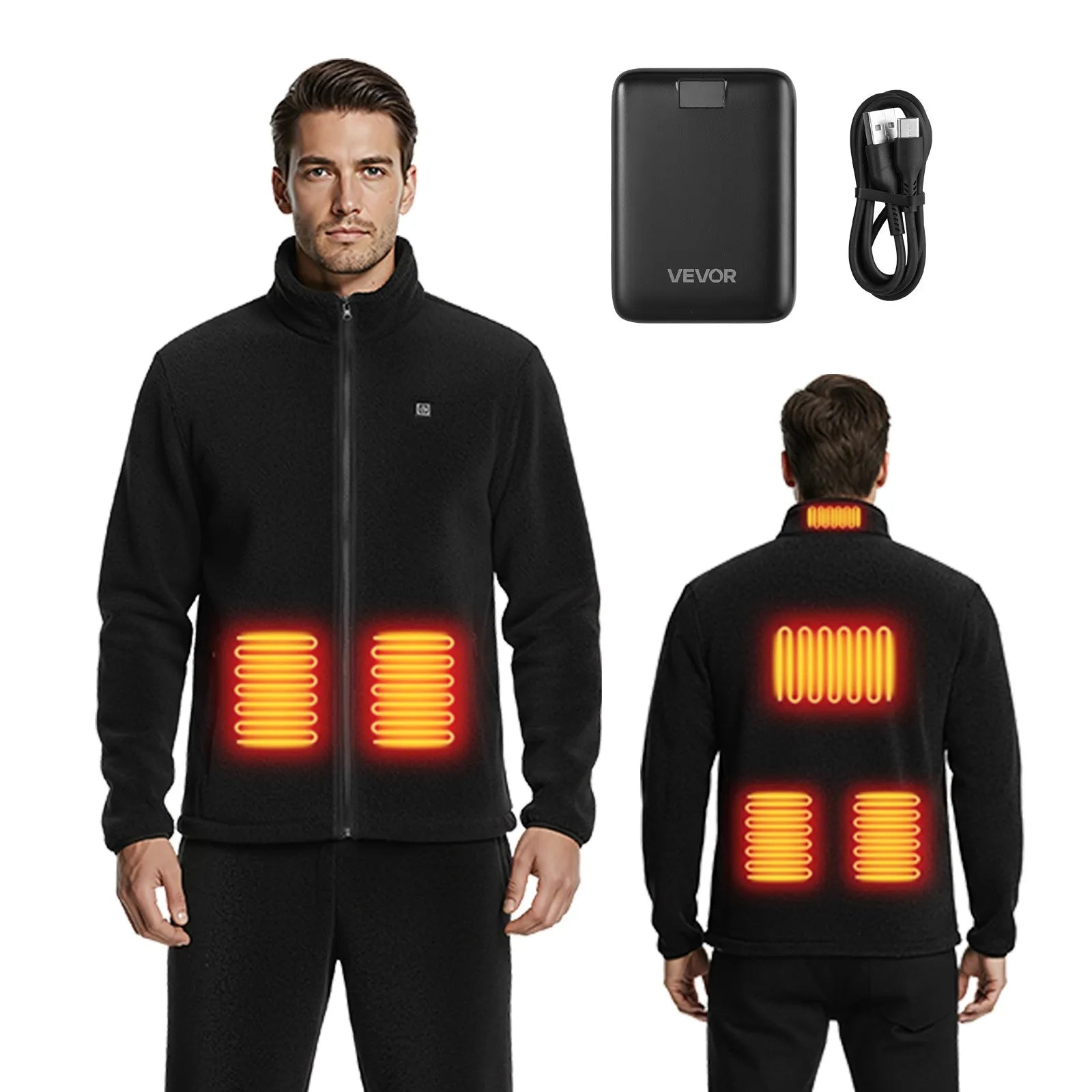 VEVOR Heated Fleece Jacket for Men, Heated Sports Sweatshirt with a Rechargeable 7.4 V 16,000 mAh Battery, 6 Heating Zones, 3 temperature settings, heat lasts up to 3 / 6 / 10 hours, designed for winter activities and outdoor camping, black