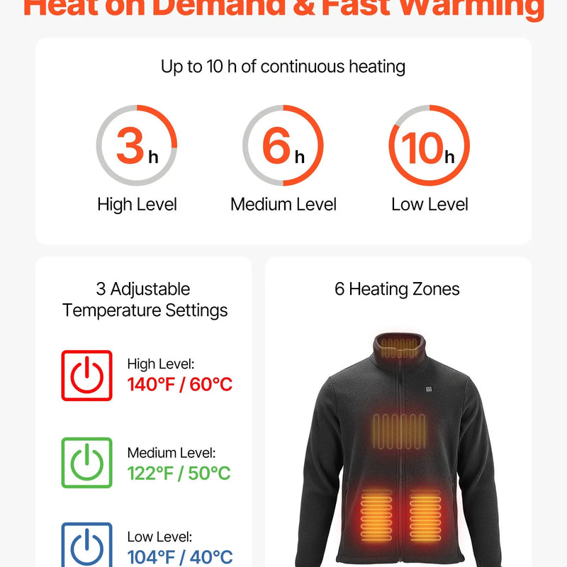 VEVOR apsildāma flīsa jaka vīriešiem, apsildāms sporta džemperis ar uzlādējamu 7,4 V 16 000 mAh akumulatoru, 6 sildīšanas zonas, 3 temperatūras līmeņi, siltums līdz 3 / 6 / 10 stundām, paredzēta ziemas aktivitātēm un āra kempingam, melna