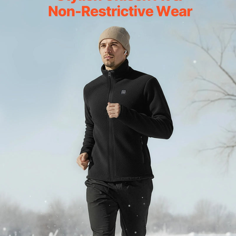 VEVOR apsildāma flīsa jaka vīriešiem, apsildāms sporta džemperis ar uzlādējamu 7,4 V 16 000 mAh akumulatoru, 6 sildīšanas zonas, 3 temperatūras līmeņi, siltums līdz 3 / 6 / 10 stundām, paredzēta ziemas aktivitātēm un āra kempingam, melna