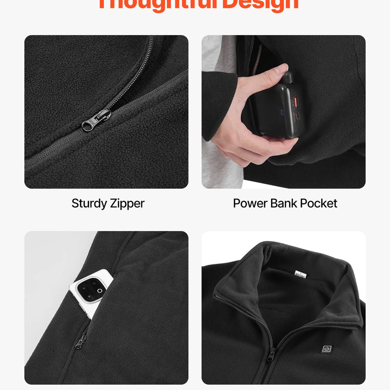 VEVOR apsildāma flīsa jaka vīriešiem, apsildāms sporta džemperis ar uzlādējamu 7,4 V 16 000 mAh akumulatoru, 6 sildīšanas zonas, 3 temperatūras līmeņi, siltums līdz 3 / 6 / 10 stundām, paredzēta ziemas aktivitātēm un āra kempingam, melna
