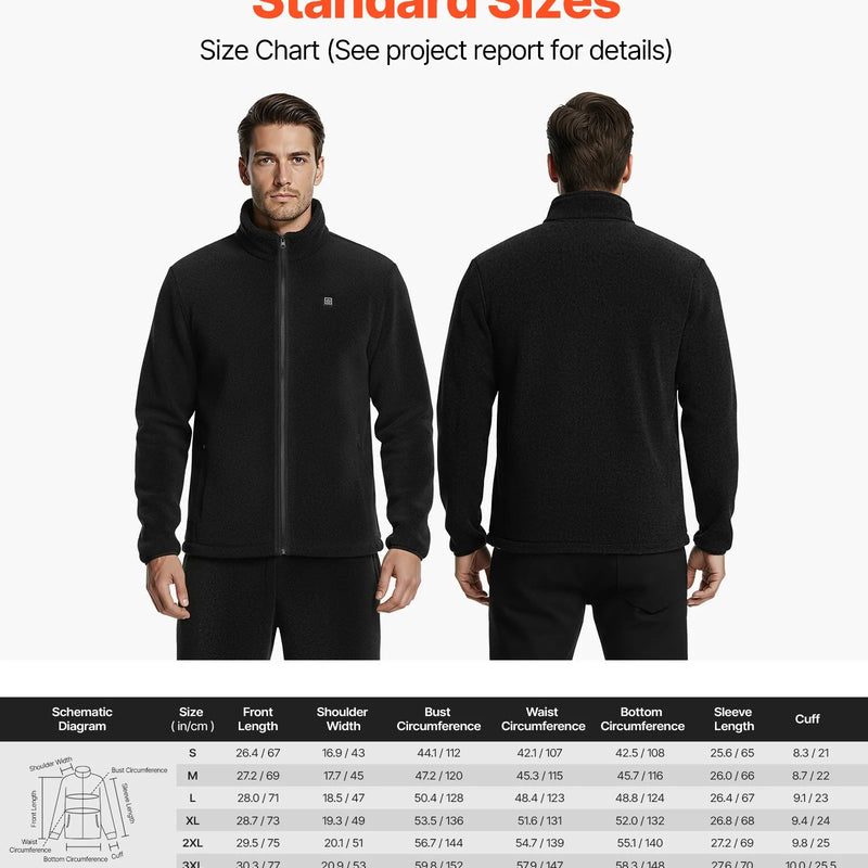 VEVOR apsildāma flīsa jaka vīriešiem, apsildāms sporta džemperis ar uzlādējamu 7,4 V 16 000 mAh akumulatoru, 6 sildīšanas zonas, 3 temperatūras līmeņi, siltums līdz 3 / 6 / 10 stundām, paredzēta ziemas aktivitātēm un āra kempingam, melna