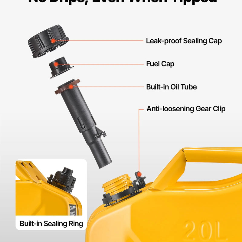 VEVOR metāla degvielas kanna, 20 l degvielas kanna ar uzgali un ergonomisku rokturi, maksimālais plūsmas ātrums 6 l/min, hermētiska un korozijizturīga metāla kanna automašīnām, motocikliem, ATV un UTV, dzeltena
