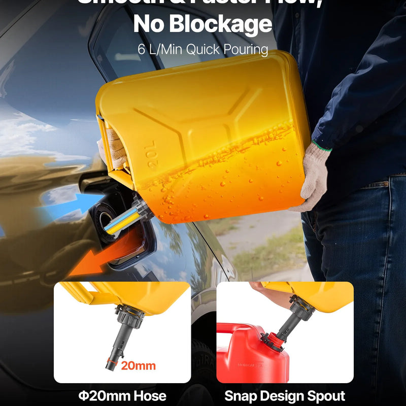VEVOR metāla degvielas kanna, 20 l degvielas kanna ar uzgali un ergonomisku rokturi, maksimālais plūsmas ātrums 6 l/min, hermētiska un korozijizturīga metāla kanna automašīnām, motocikliem, ATV un UTV, dzeltena