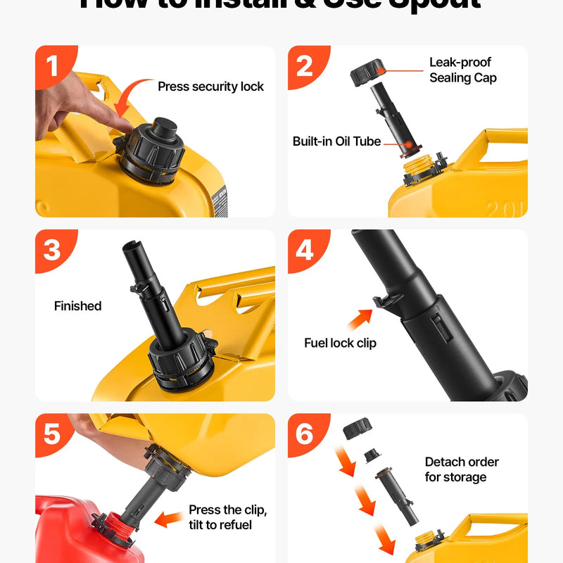 VEVOR metāla degvielas kanna, 20 l degvielas kanna ar uzgali un ergonomisku rokturi, maksimālais plūsmas ātrums 6 l/min, hermētiska un korozijizturīga metāla kanna automašīnām, motocikliem, ATV un UTV, dzeltena