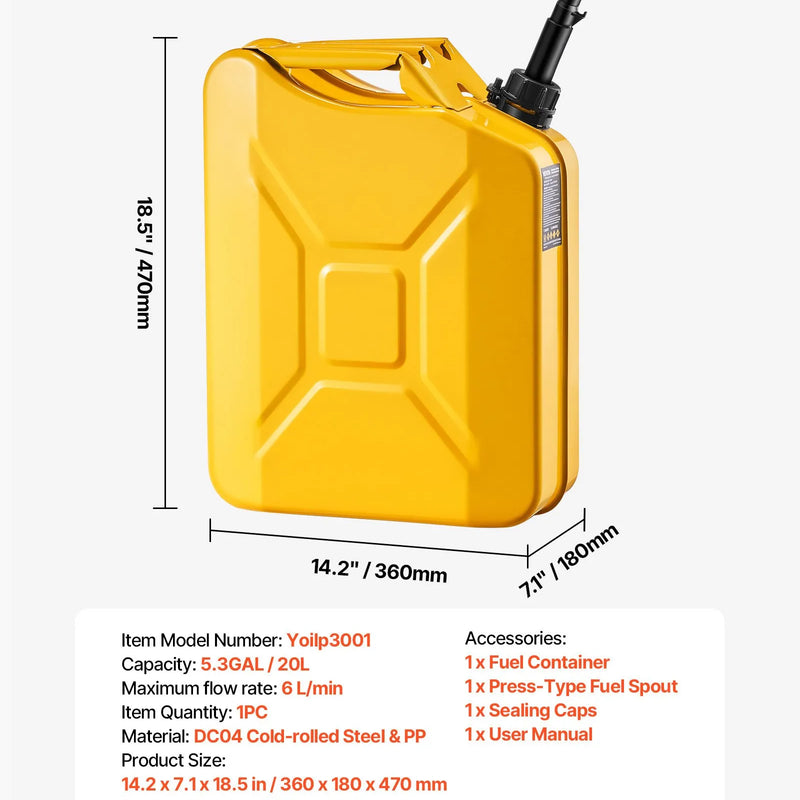 VEVOR metāla degvielas kanna, 20 l degvielas kanna ar uzgali un ergonomisku rokturi, maksimālais plūsmas ātrums 6 l/min, hermētiska un korozijizturīga metāla kanna automašīnām, motocikliem, ATV un UTV, dzeltena