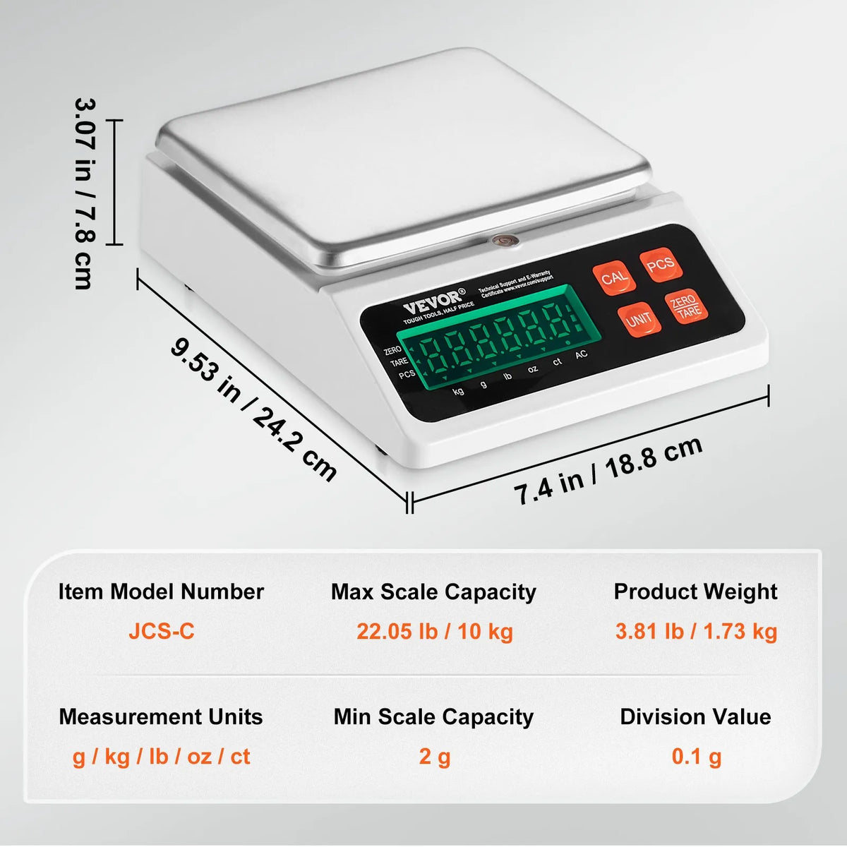 Rūpnieciskie svari, digitālie 10 kg x 0,1 g, ar LED ekrānu, vienībās g/kg/lb/oz/ct, detaļu, monētu, inventāra, virtuves un juvelierizstrādājumu svēršanai