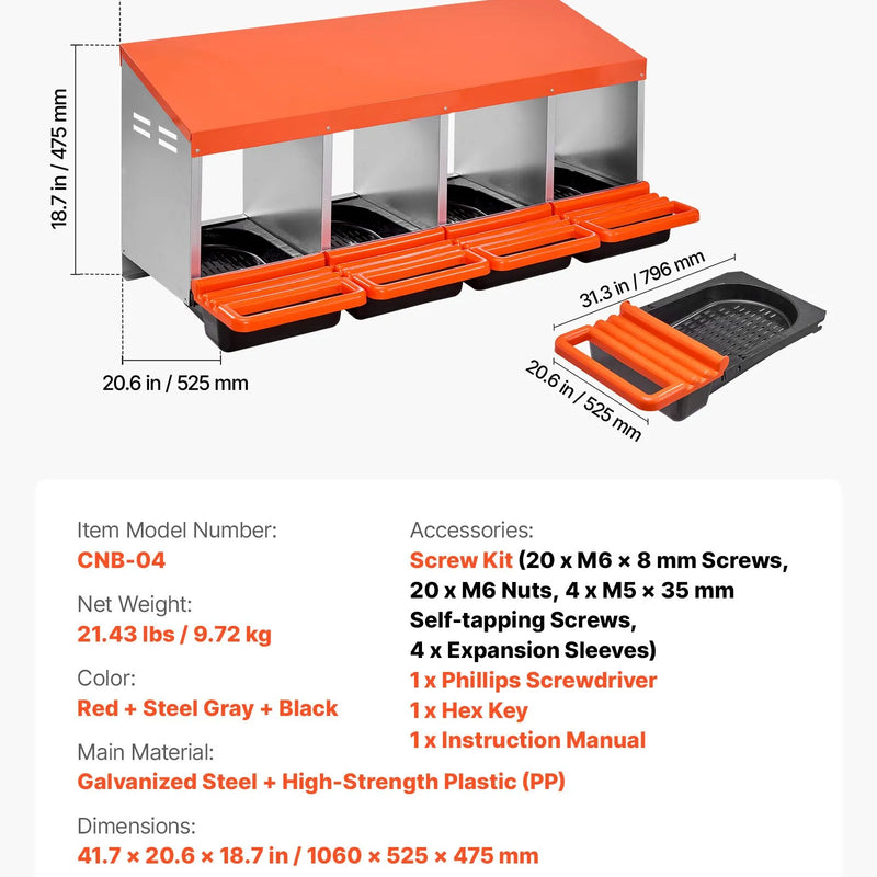 VEVOR putnu dējējligzdu kaste, 4 nodalījumi, metāla olu dēšanas ligzdas ar aizsargājošiem savākšanas vākiem, ripojoša olu savākšanas sistēma, viegli montējama, piemērota vistām, pīlēm un citiem mājputniem, oranža