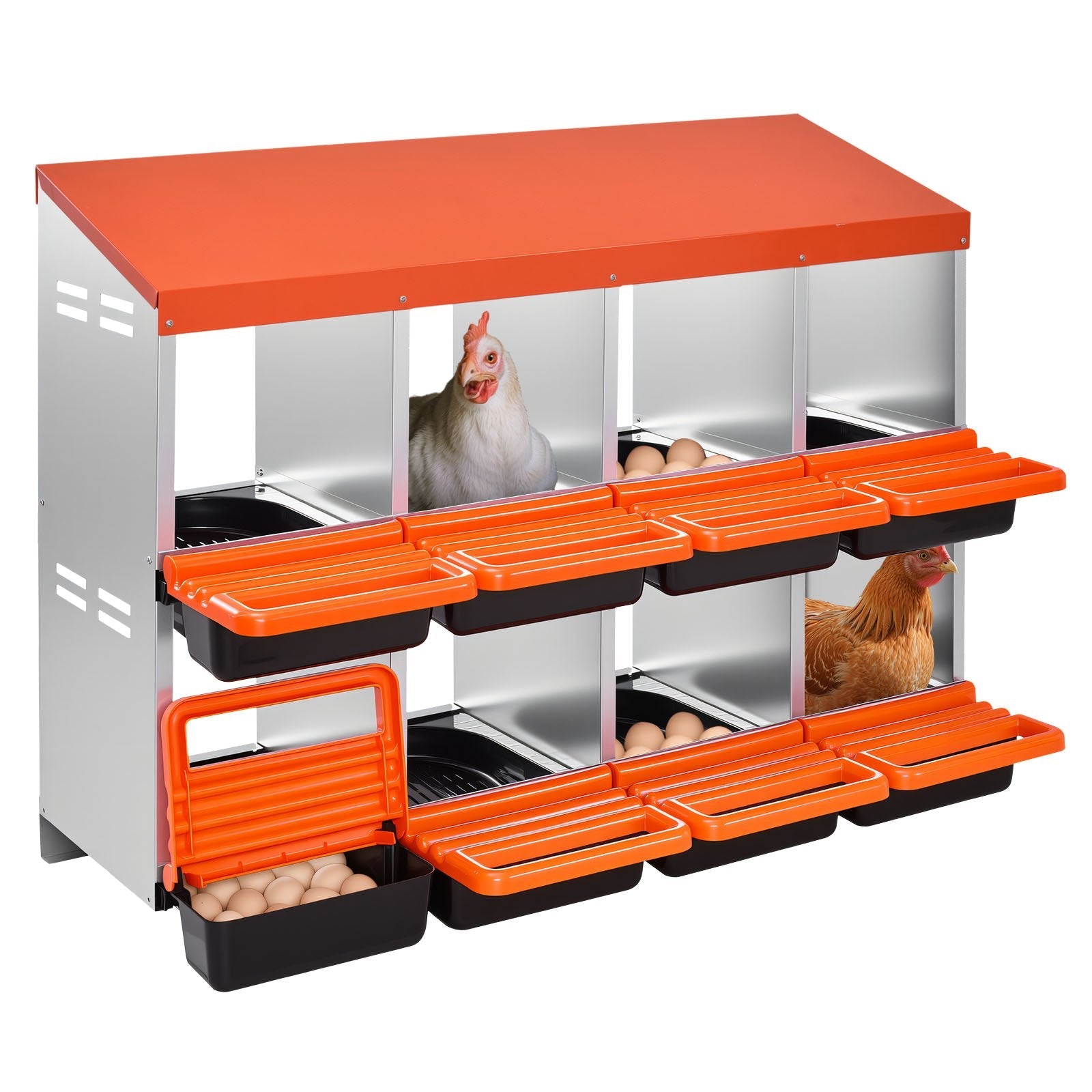 VEVOR divstāvu vistu ligzdošanas kastes, 8 nodalījumi, metāla olu dēšanas kastes ar aizsargājošiem olu savākšanas vākiem, izripojoša tipa ligzdošanas kaste, viegli saliekama, piemērota vistām, pīlēm un citiem mājputniem