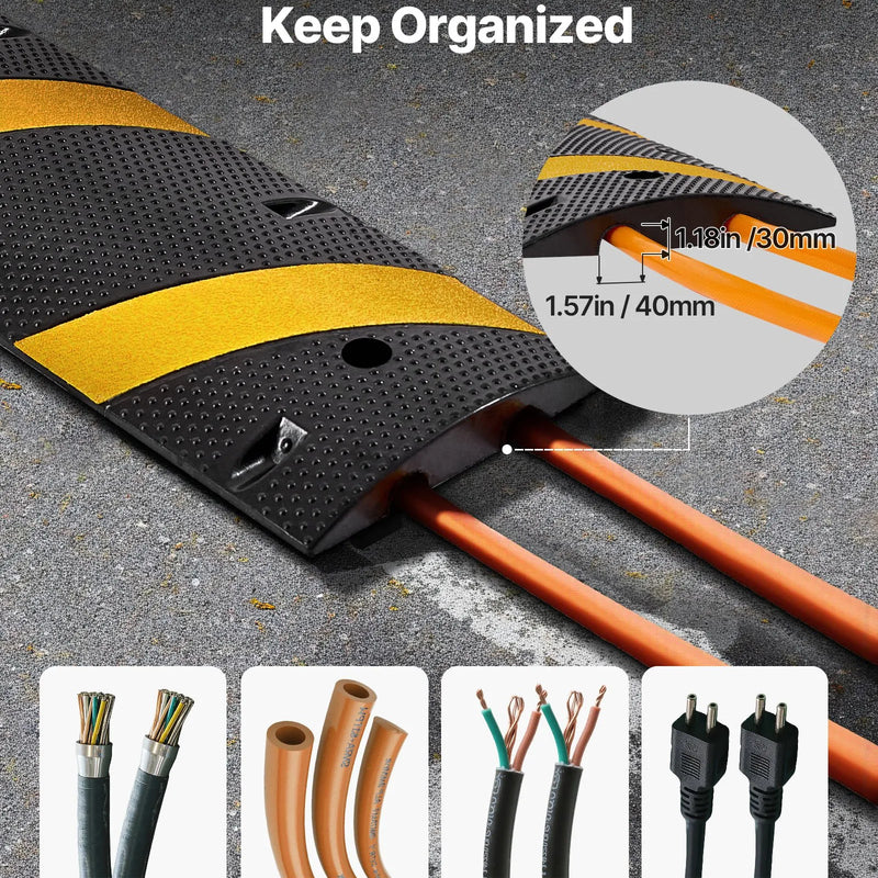 VEVOR 1830 mm gumijas ātrumvaļnis ar 2 kabeļu kanāliem, slodze līdz 9 979 kg/ass, smagās klases kabeļu aizsarguzbrauktuve ar izplešanās skrūvēm, piemērots asfaltam, betonam un grants segumam, 1 gab.