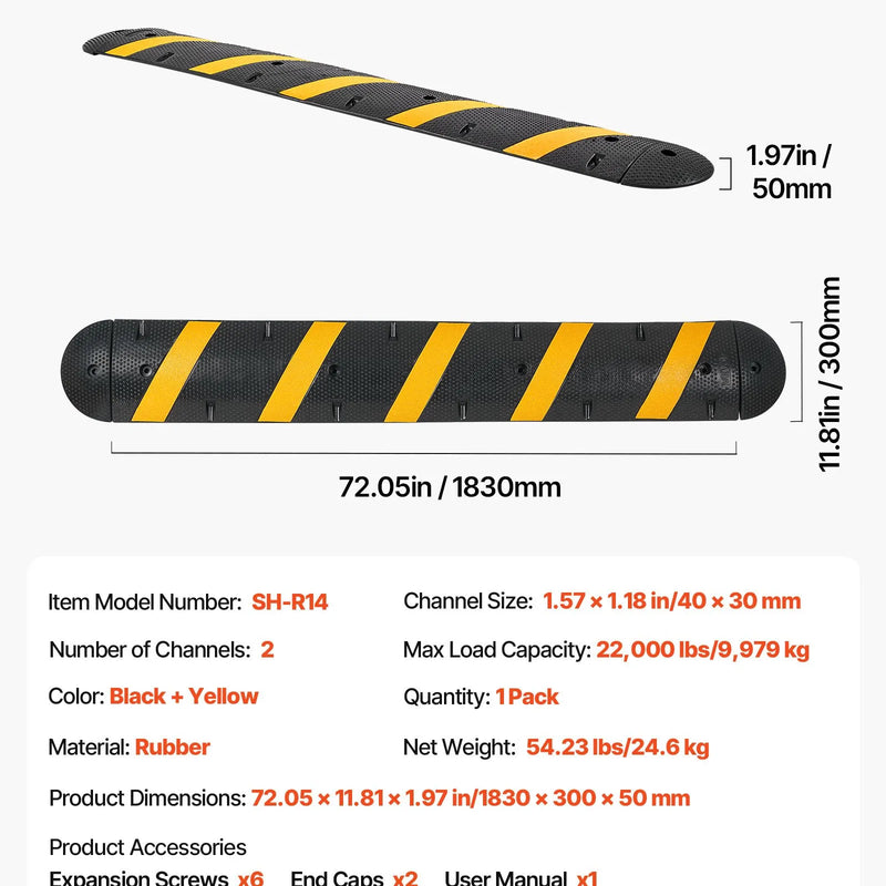VEVOR 1830 mm gumijas ātrumvaļnis ar 2 kabeļu kanāliem, slodze līdz 9 979 kg/ass, smagās klases kabeļu aizsarguzbrauktuve ar izplešanās skrūvēm, piemērots asfaltam, betonam un grants segumam, 1 gab.