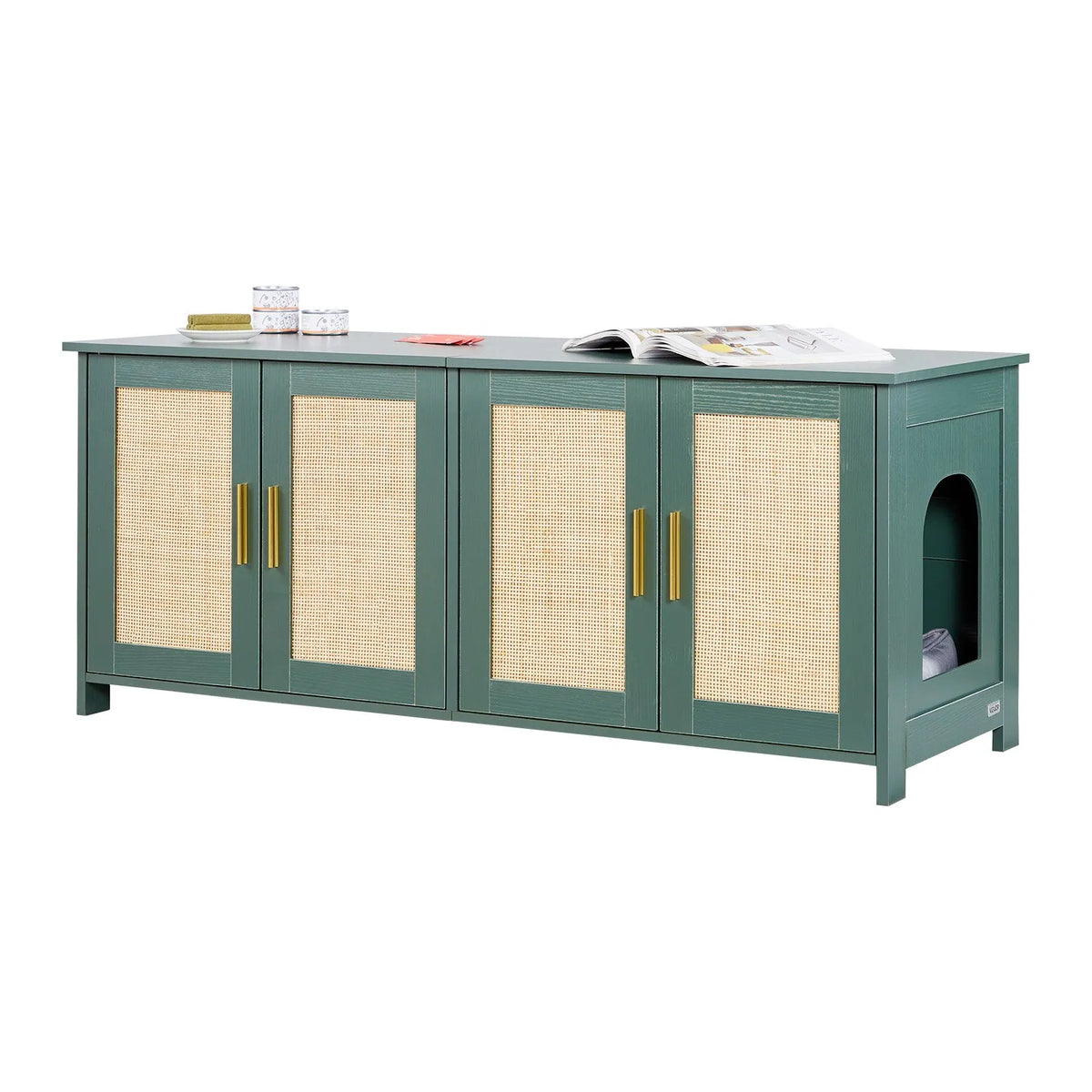 VEVOR kaķu tualetes skapītis ar 4 rotanga durvīm, 2 ieejām, 120 cm, zaļš
