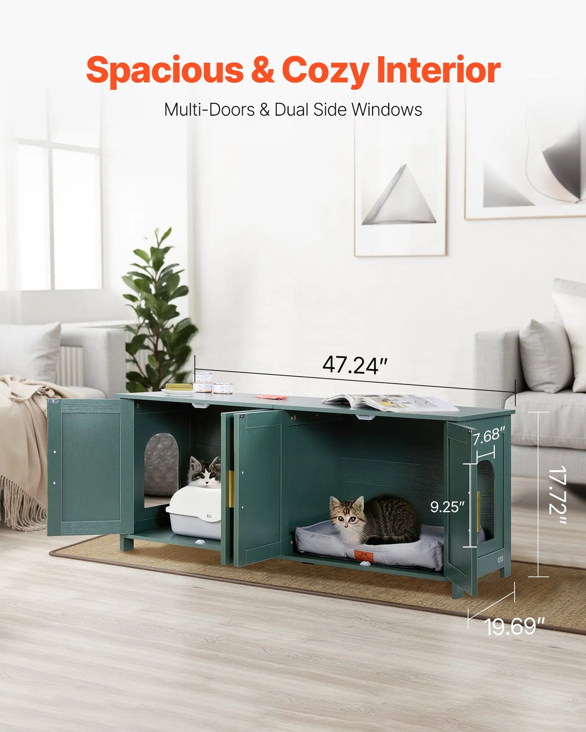 VEVOR kaķu tualetes skapītis ar 4 rotanga durvīm, 2 ieejām, 120 cm, zaļš