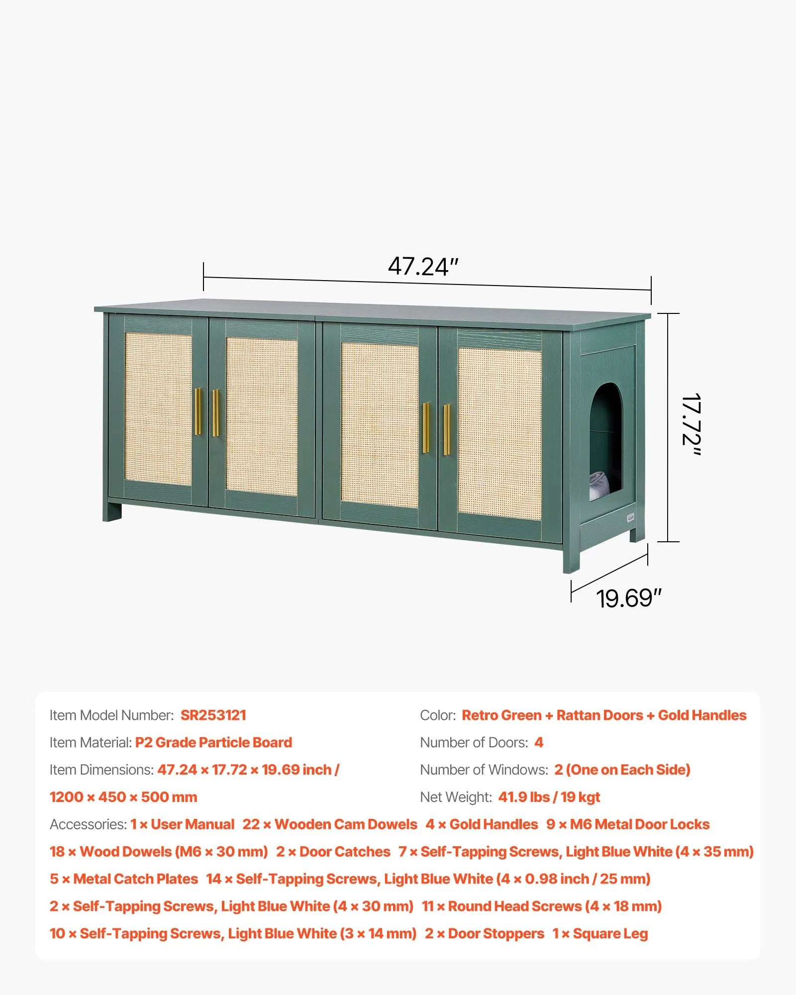 VEVOR kaķu tualetes skapītis ar 4 rotanga durvīm, 2 ieejām, 120 cm, zaļš