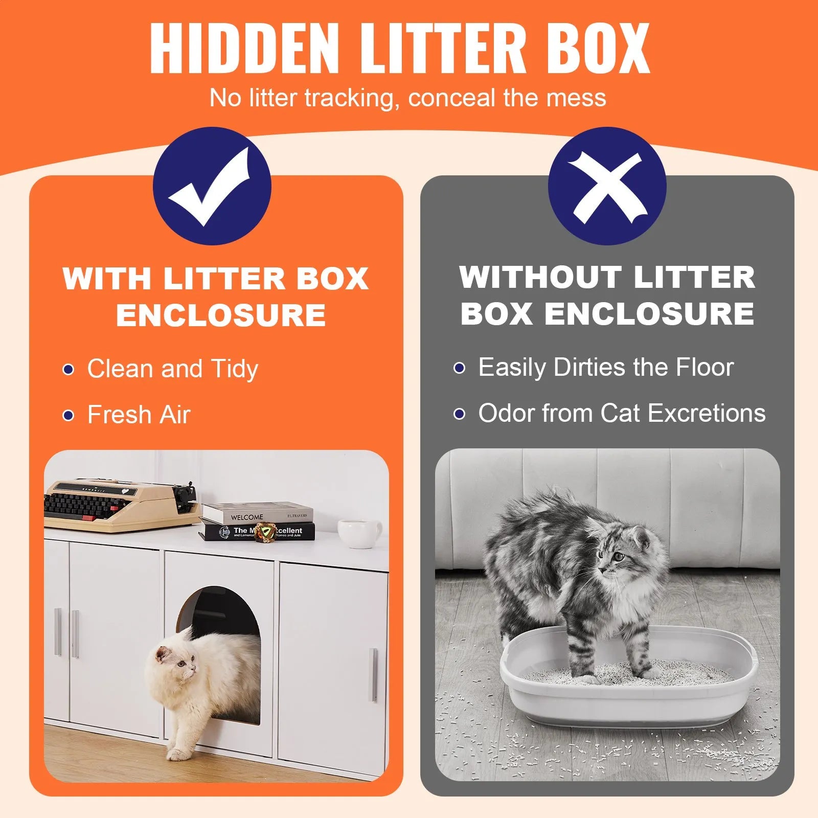 VEVOR Cat Litter Box Enclosure Wooden Litter Box Furniture Hidden 147.1 cm White