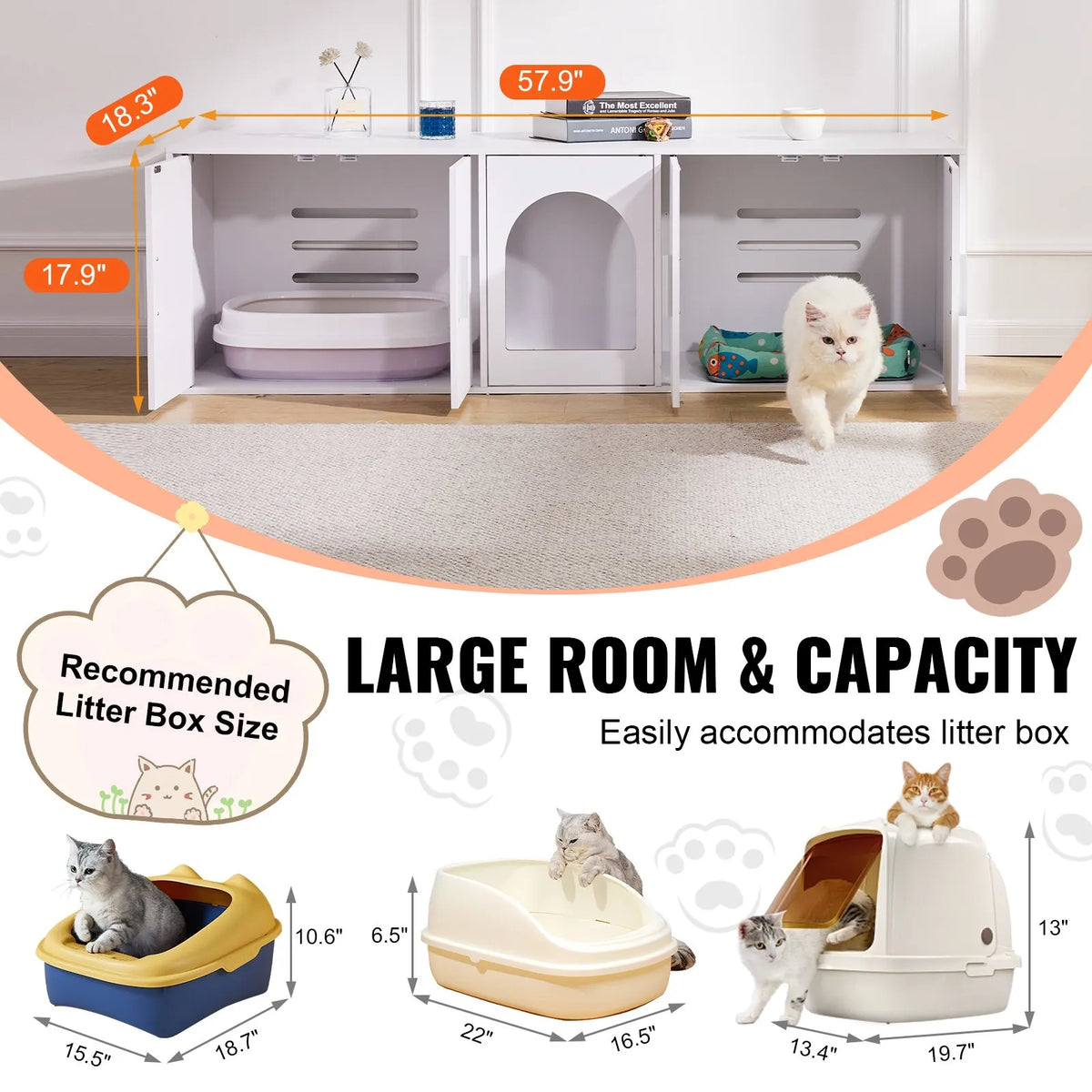 VEVOR Cat Litter Box Enclosure Wooden Litter Box Furniture Hidden 147.1 cm White