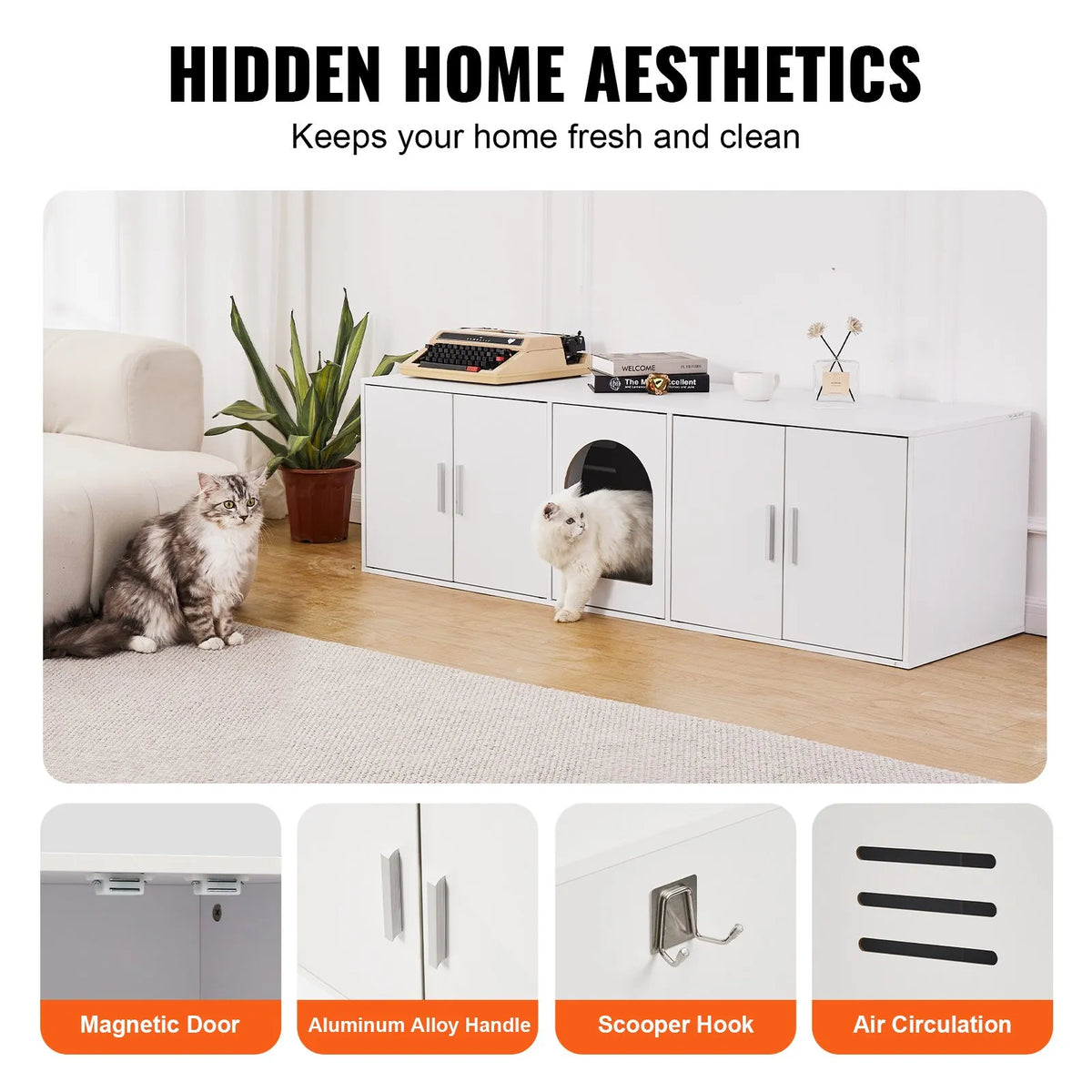 VEVOR Cat Litter Box Enclosure Wooden Litter Box Furniture Hidden 147.1 cm White