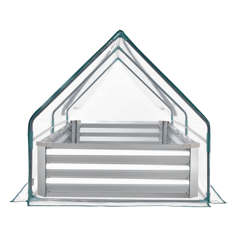 VEVOR paaugstinātā dārza dobe ar pārsegu 1800 × 900 × 300 mm, taisnstūra cinkota metāla stādīšanas kaste āra lietošanai ar PE siltumnīcas pārsegu un cimdiem, rūsas izturīgs alu-cinka pārklājums, ziedu un dārzeņu audzēšanai, sudraba krāsā