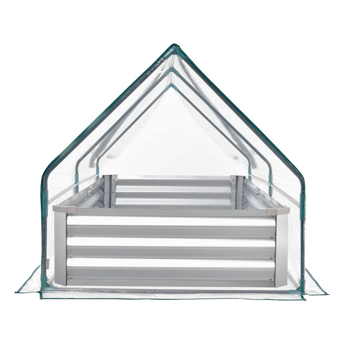 VEVOR paaugstinātā dārza dobe ar pārsegu 1800 × 900 × 300 mm, taisnstūra cinkota metāla stādīšanas kaste āra lietošanai ar PE siltumnīcas pārsegu un cimdiem, rūsas izturīgs alu-cinka pārklājums, ziedu un dārzeņu audzēšanai, sudraba krāsā