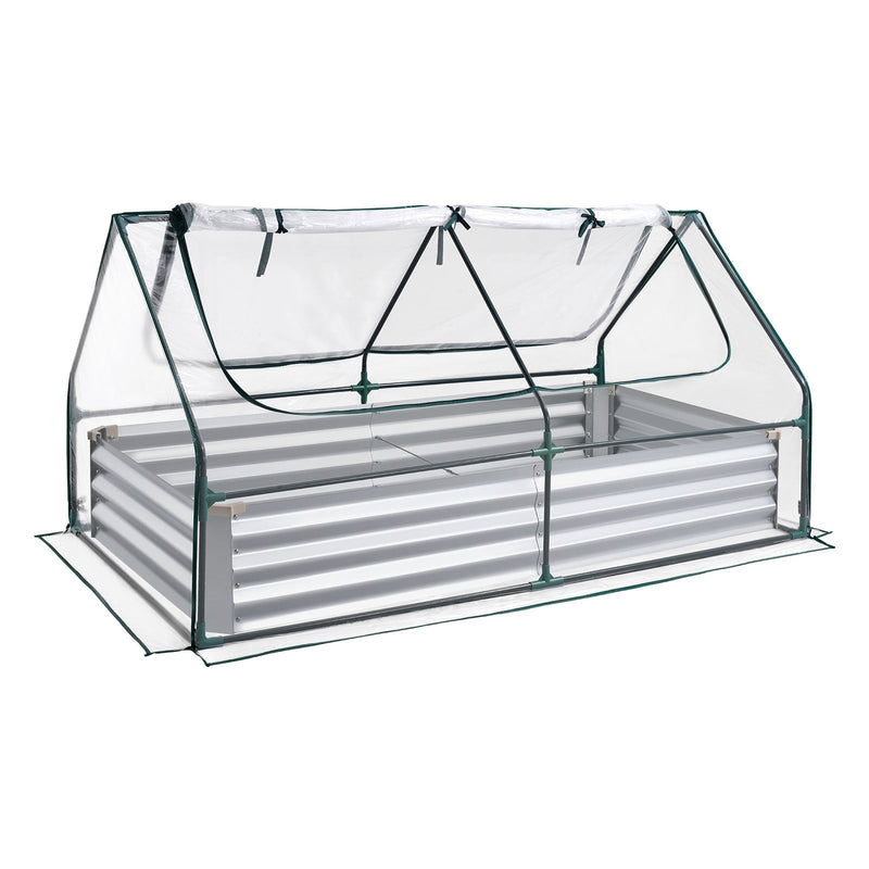 VEVOR paaugstinātā dārza dobe ar pārsegu 1800 × 900 × 300 mm, taisnstūra cinkota metāla stādīšanas kaste āra lietošanai ar PE siltumnīcas pārsegu un cimdiem, rūsas izturīgs alu-cinka pārklājums, ziedu un dārzeņu audzēšanai, sudraba krāsā
