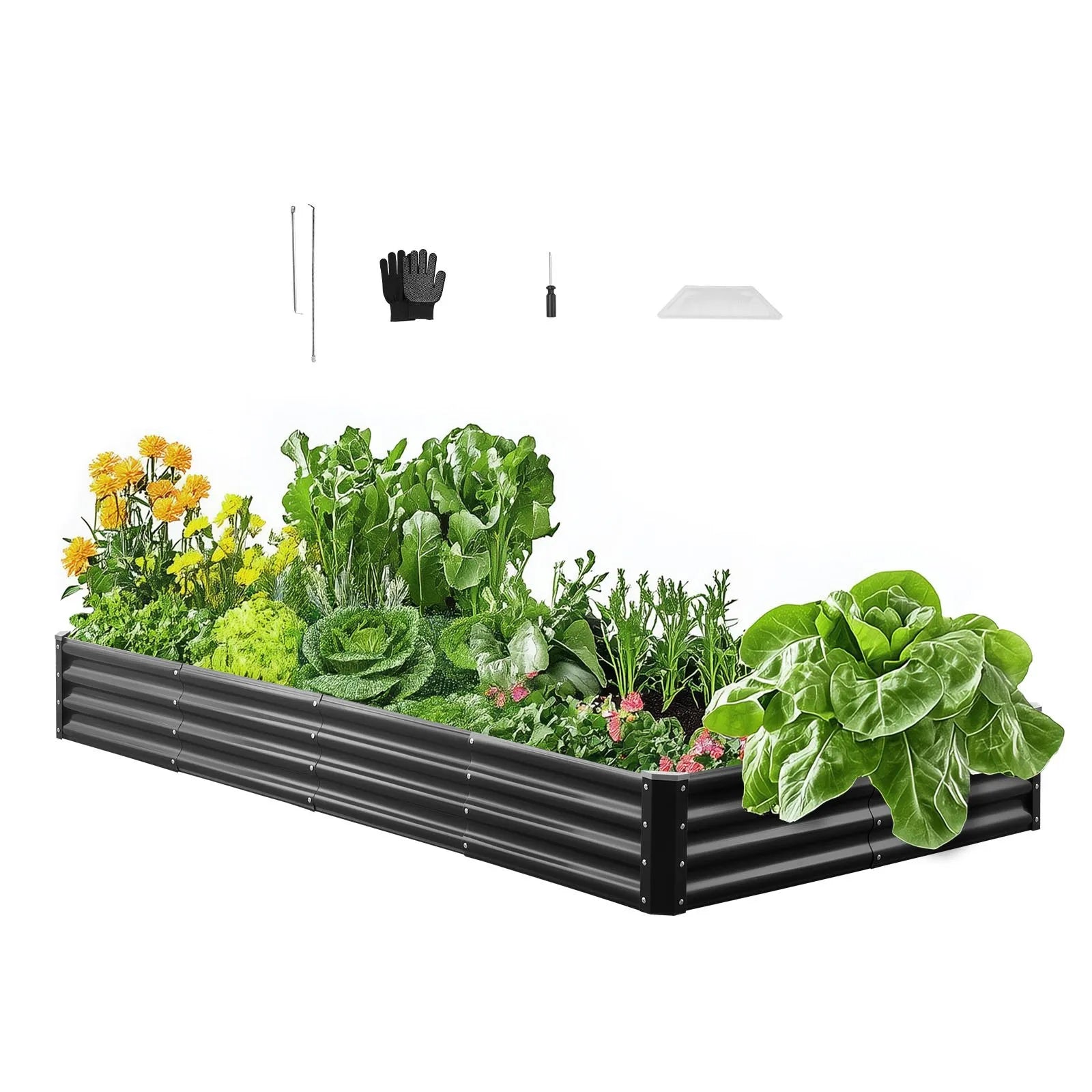 VEVOR metāla paaugstinātā dārza dobe 2,4 × 1,2 × 0,3 m, āra Galvalume stādīšanas kaste ar atvērtu apakšu, liela dobe dārzeņu, ziedu, garšaugu un sukulentu audzēšanai, tumši pelēka