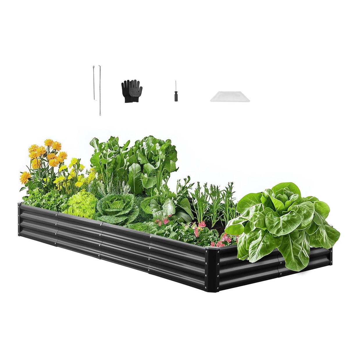 VEVOR metāla paaugstinātā dārza dobe 2,4 × 1,2 × 0,3 m, āra Galvalume stādīšanas kaste ar atvērtu apakšu, liela dobe dārzeņu, ziedu, garšaugu un sukulentu audzēšanai, tumši pelēka