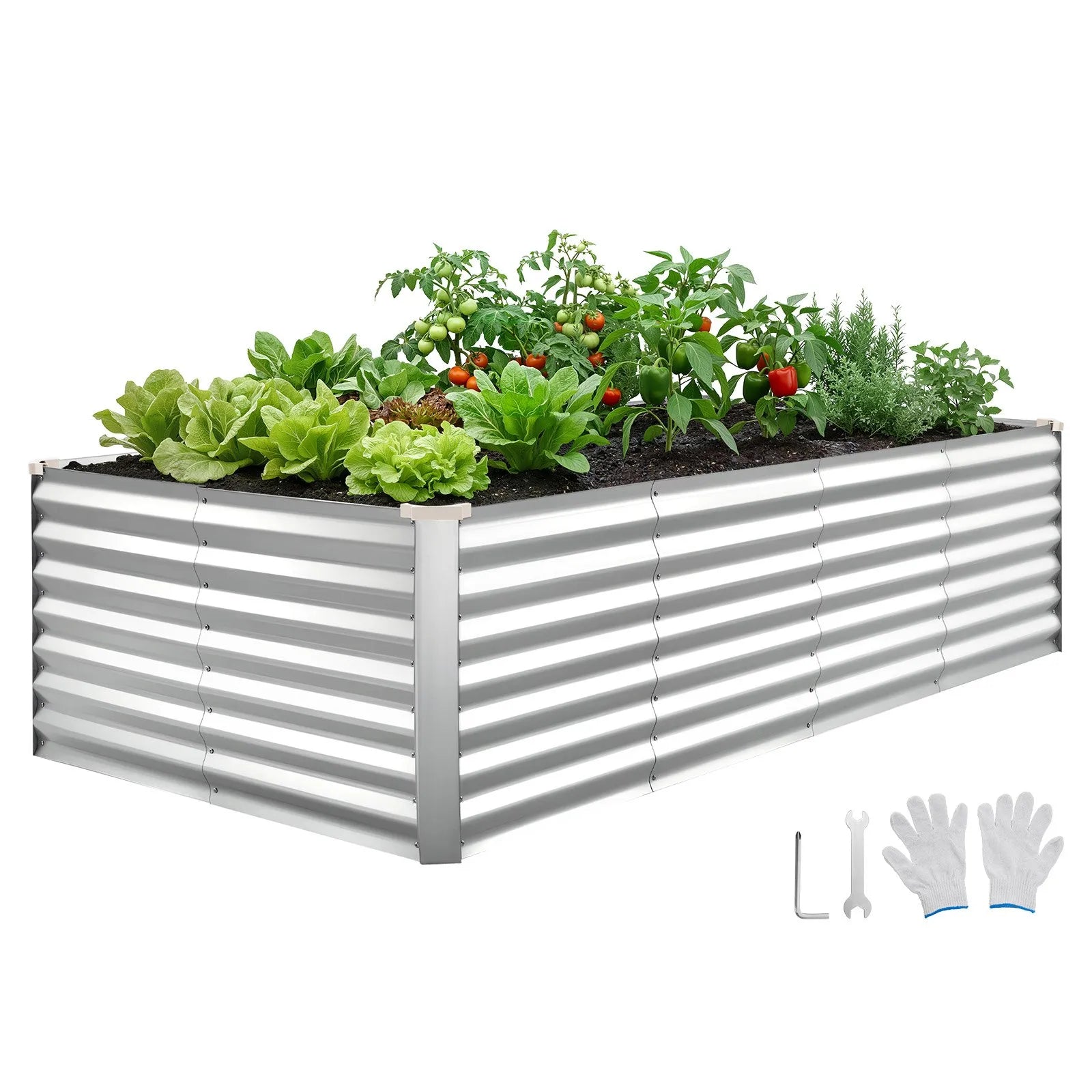 VEVOR cinkota paaugstinātā dārza dobe 2400 × 1200 × 620 mm, taisnstūra metāla stādīšanas kaste bez pamatnes ar cimdiem, Alu-cinka pārklājums, piemērota ziedu un dārzeņu audzēšanai, sudraba krāsā