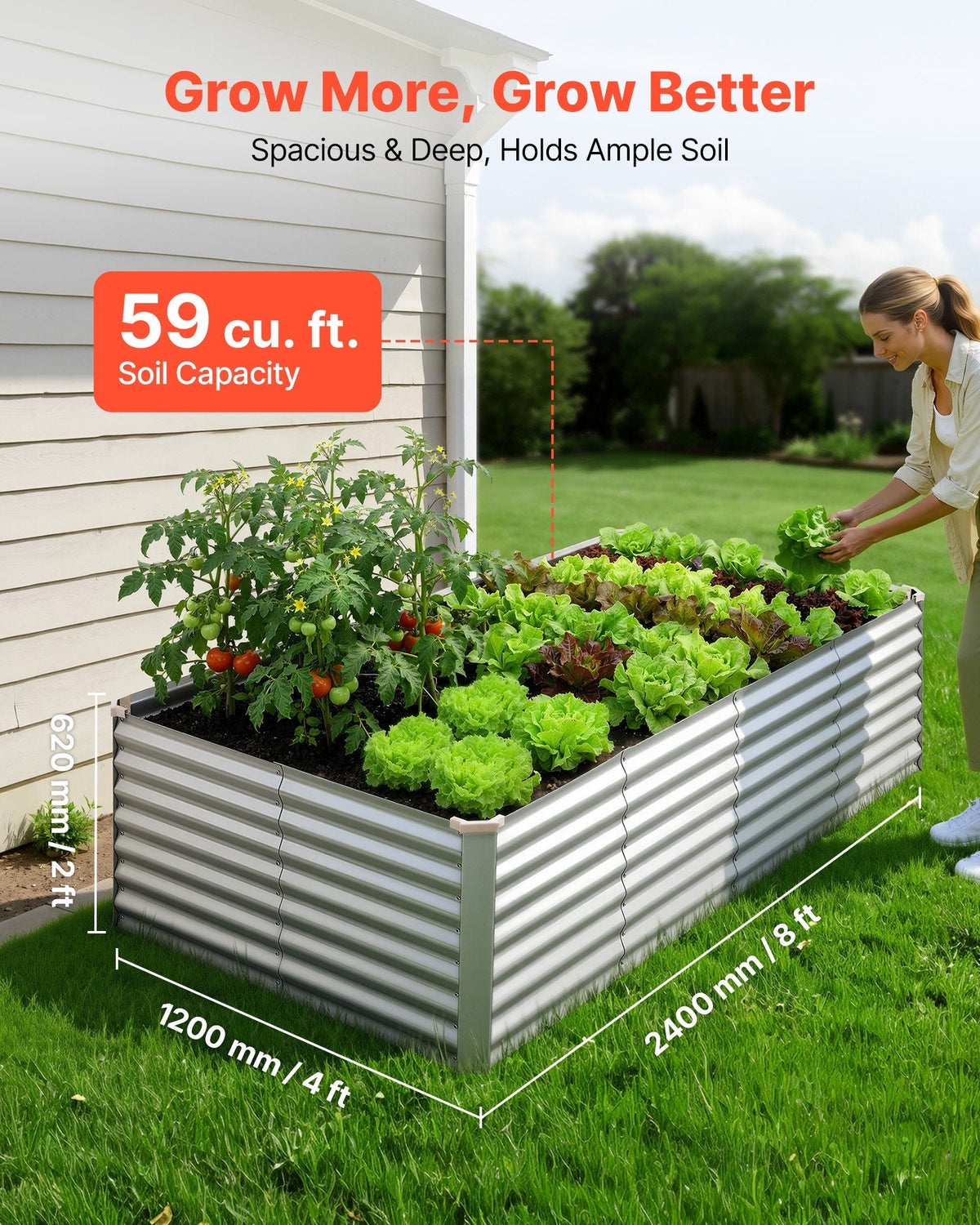 VEVOR cinkota paaugstinātā dārza dobe 2400 × 1200 × 620 mm, taisnstūra metāla stādīšanas kaste bez pamatnes ar cimdiem, Alu-cinka pārklājums, piemērota ziedu un dārzeņu audzēšanai, sudraba krāsā