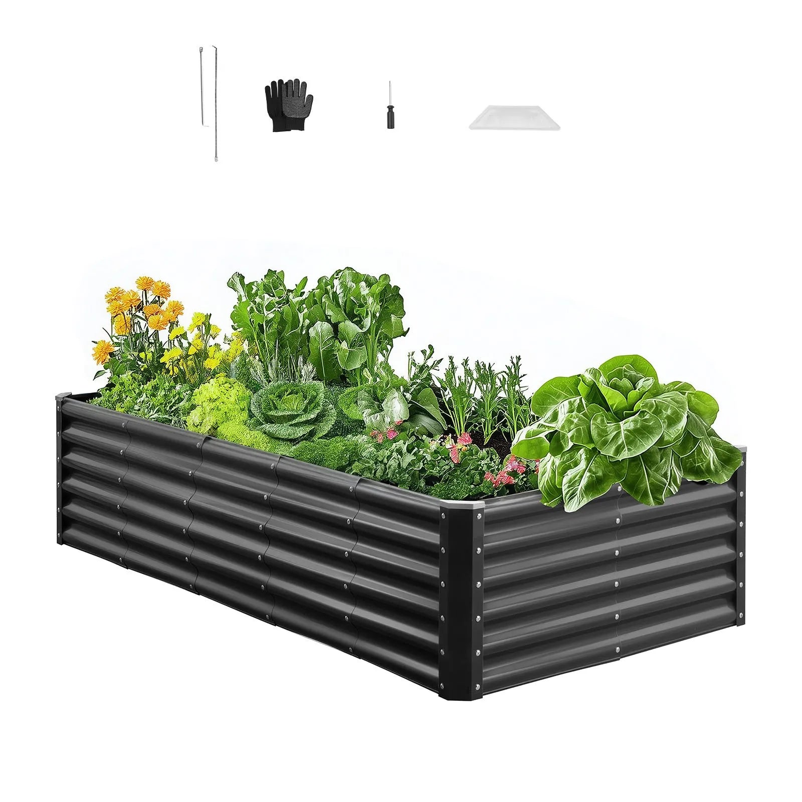 VEVOR metāla paaugstinātā dārza dobe 1,8 × 0,9 × 0,4 m, cinkota āra stādīšanas kaste ar atvērtu apakšu, liela stādīšanas dobe dārzeņu, ziedu, garšaugu un sukulentu audzēšanai, tumši pelēka