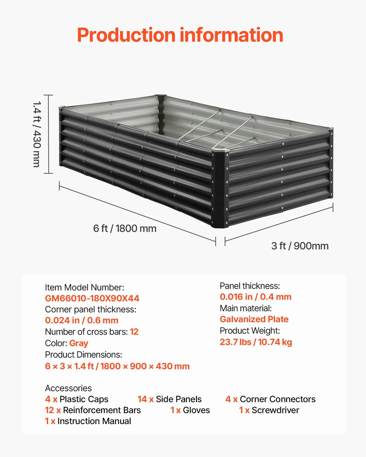 VEVOR metāla paaugstinātā dārza dobe 1,8 × 0,9 × 0,4 m, cinkota āra stādīšanas kaste ar atvērtu apakšu, liela stādīšanas dobe dārzeņu, ziedu, garšaugu un sukulentu audzēšanai, tumši pelēka