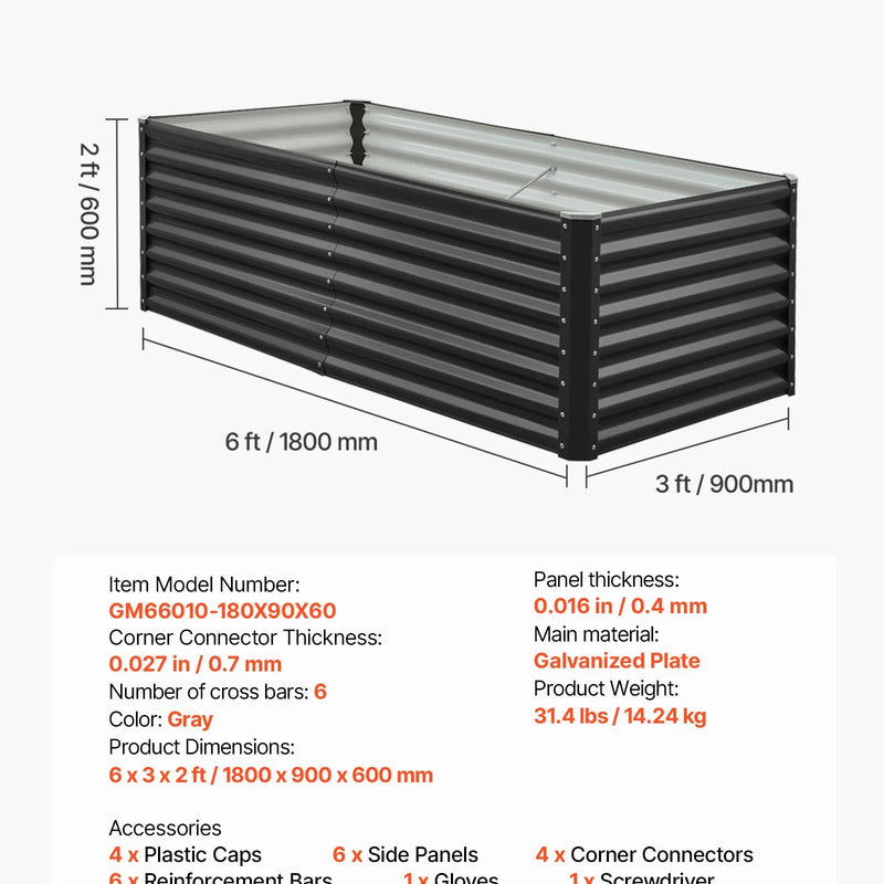 VEVOR Metāla paaugstinātā dārza dobe 1,8 × 0,9 × 0,6 m, āra cinkota stādīšanas kaste ar atvērtu pamatni, liela paaugstinātā dobe dārzeņu, ziedu, garšaugu un sukulentu audzēšanai, tumši pelēka