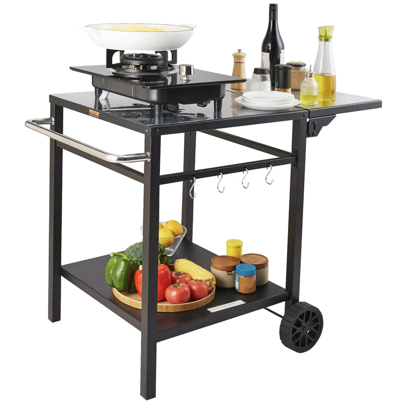 VEVOR pārvietojams āra grila un ēdināšanas galds ar diviem plauktiem, BBQ pārtikas sagatavošanas galds ar salokāmu metāla darba virsmu, portatīvs modulārs galds picas krāsnij, darba galds ar 2 riteņiem un pārnēsāšanas rokturi