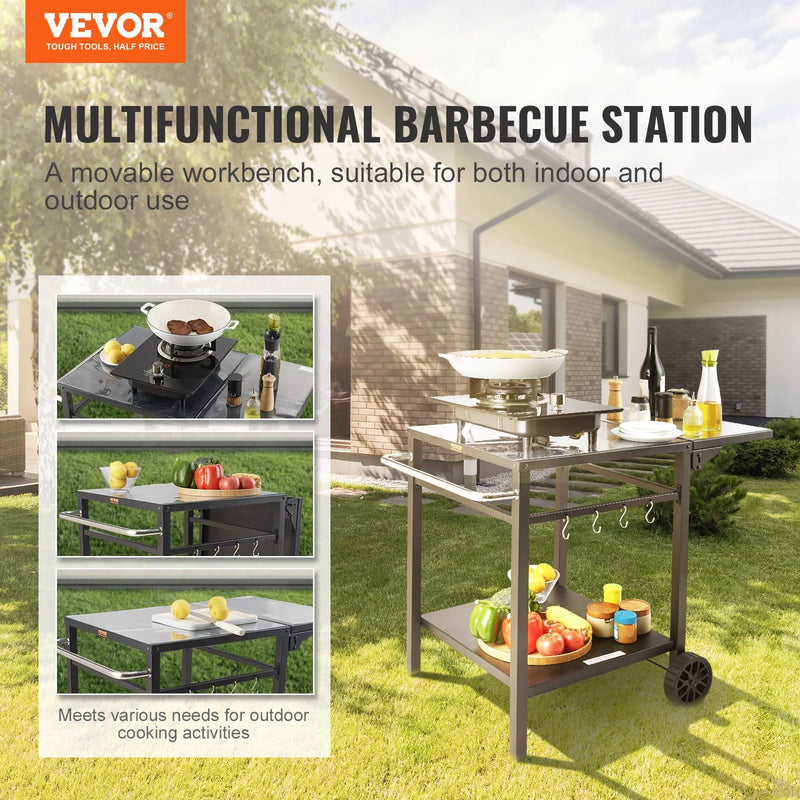 VEVOR pārvietojams āra grila un ēdināšanas galds ar diviem plauktiem, BBQ pārtikas sagatavošanas galds ar salokāmu metāla darba virsmu, portatīvs modulārs galds picas krāsnij, darba galds ar 2 riteņiem un pārnēsāšanas rokturi