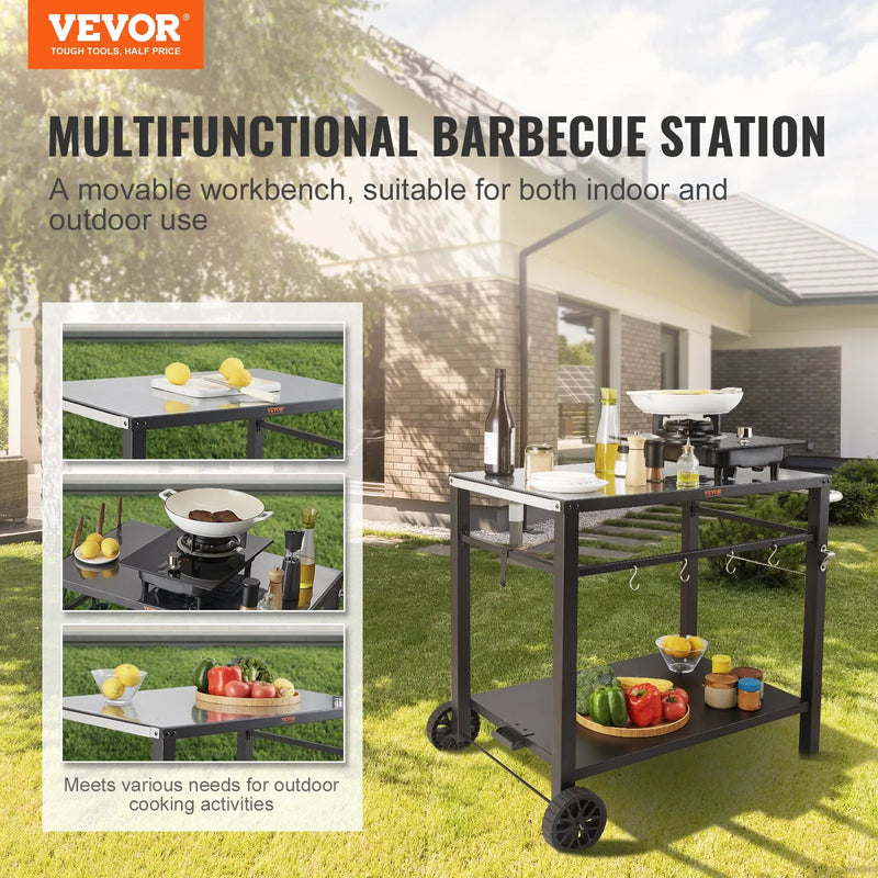 VEVOR pārvietojams āra grila un ēdināšanas galds ar diviem plauktiem, BBQ pārtikas sagatavošanas galds ar daudzfunkcionālu metāla darba virsmu, portatīvs modulārs galds picas krāsnij, darba galds ar 2 riteņiem un pārnēsāšanas rokturi, melns