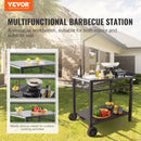 VEVOR pārvietojams āra grila un ēdināšanas galds ar diviem plauktiem, BBQ pārtikas sagatavošanas galds ar daudzfunkcionālu metāla darba virsmu, portatīvs modulārs galds picas krāsnij, darba galds ar 2 riteņiem un pārnēsāšanas rokturi, melns
