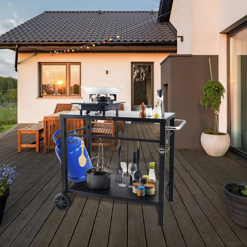VEVOR pārvietojams āra grila un ēdināšanas galds ar diviem plauktiem, BBQ pārtikas sagatavošanas galds ar daudzfunkcionālu metāla darba virsmu, portatīvs modulārs galds picas krāsnij, darba galds ar 2 riteņiem un pārnēsāšanas rokturi, melns